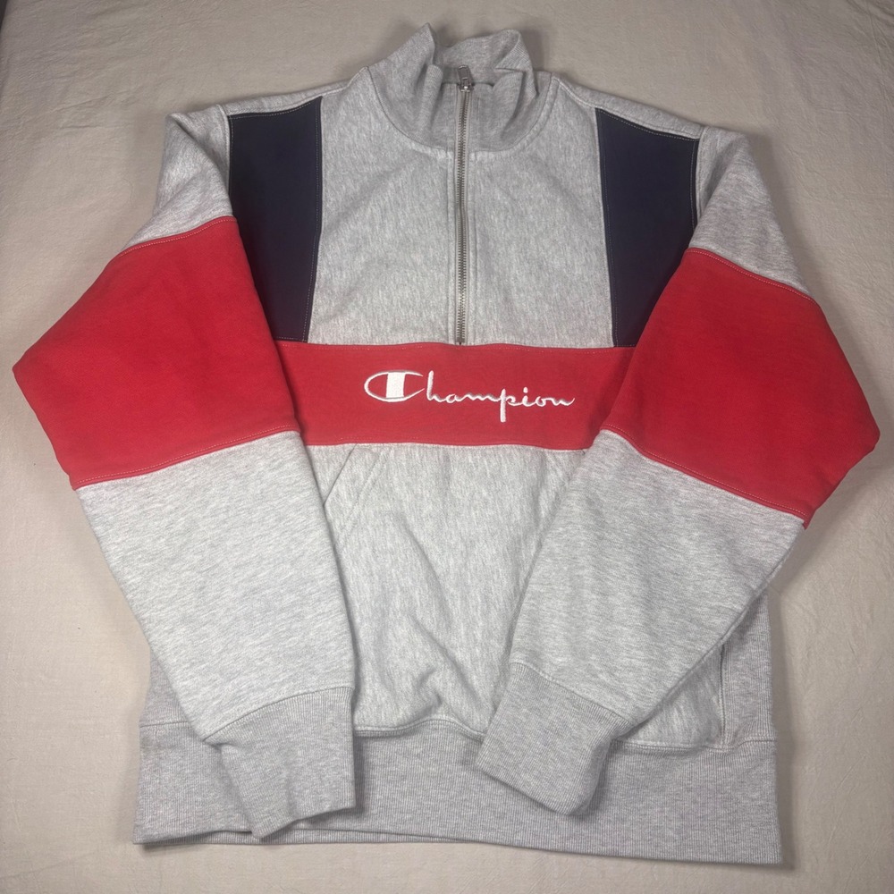 Champion Reverse Weave Quarter Zip Sweatshirt Grey Red Navy Blue Mens Small‎